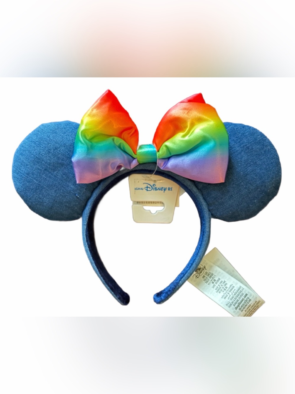 Disney Denim Minnie Headband with Rainbow Satin Bow